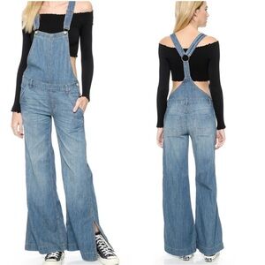 Free People Women’s O~Ring Back Wide Split Leg Chambray Denim Overalls Sz 12